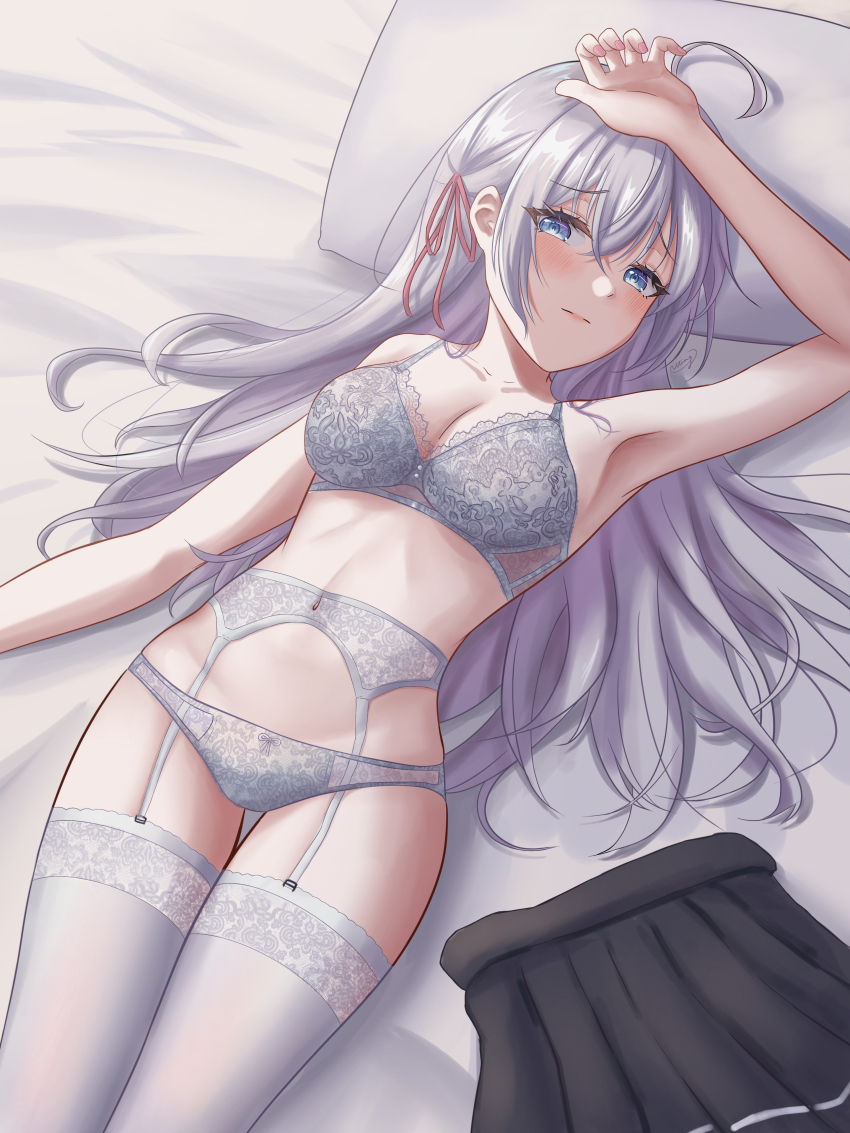 1girl absurdres ahoge alisa_mikhailovna_kujou arm_up armpits bed_sheet blue_eyes blush bow bow_panties bra breasts cleavage closed_mouth collarbone garter_belt hair_ribbon hand_on_own_forehead highres lace lace-trimmed_bra lace-trimmed_thighhighs lace_bra lace_garter_belt lace_panties lace_trim lingerie long_hair looking_at_viewer lying medium_breasts nail_polish navel on_back panties pillow pink_nails red_ribbon ribbon skirt solo thighhighs thighs tokidoki_bosotto_roshia-go_de_dereru_tonari_no_alya-san underwear underwear_only unworn_skirt uting white_bra white_garter_belt white_hair white_panties white_thighhighs