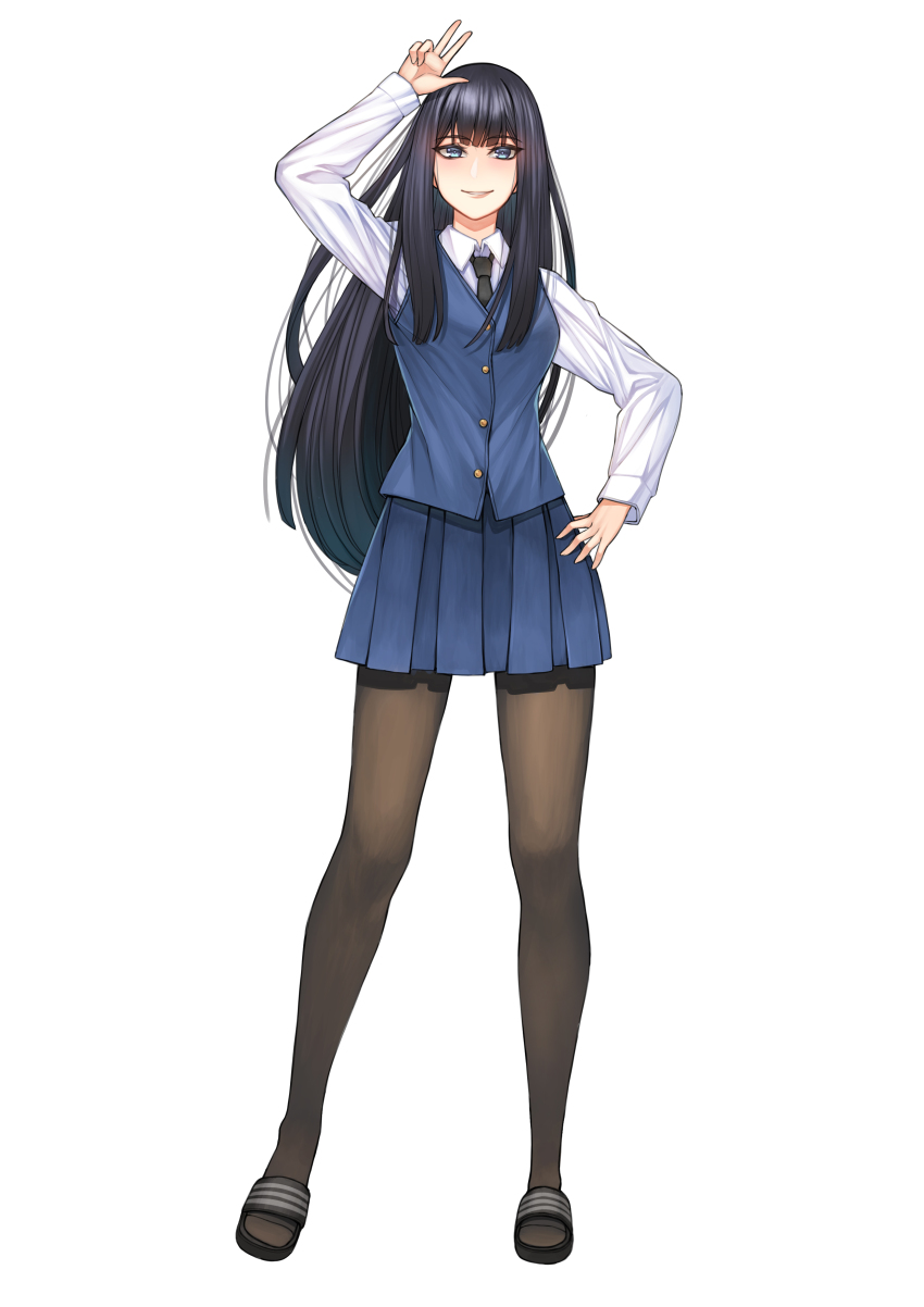 1girl absurdres arm_up black_hair black_necktie black_pantyhose blue_eyes blue_skirt blunt_bangs female_focus full_body hand_on_own_hip highres long_hair long_sleeves looking_at_viewer miniskirt nanni_jjang necktie original pantyhose parted_lips pleated_skirt school_uniform shirt simple_background skirt smile solo standing very_long_hair w white_background white_shirt