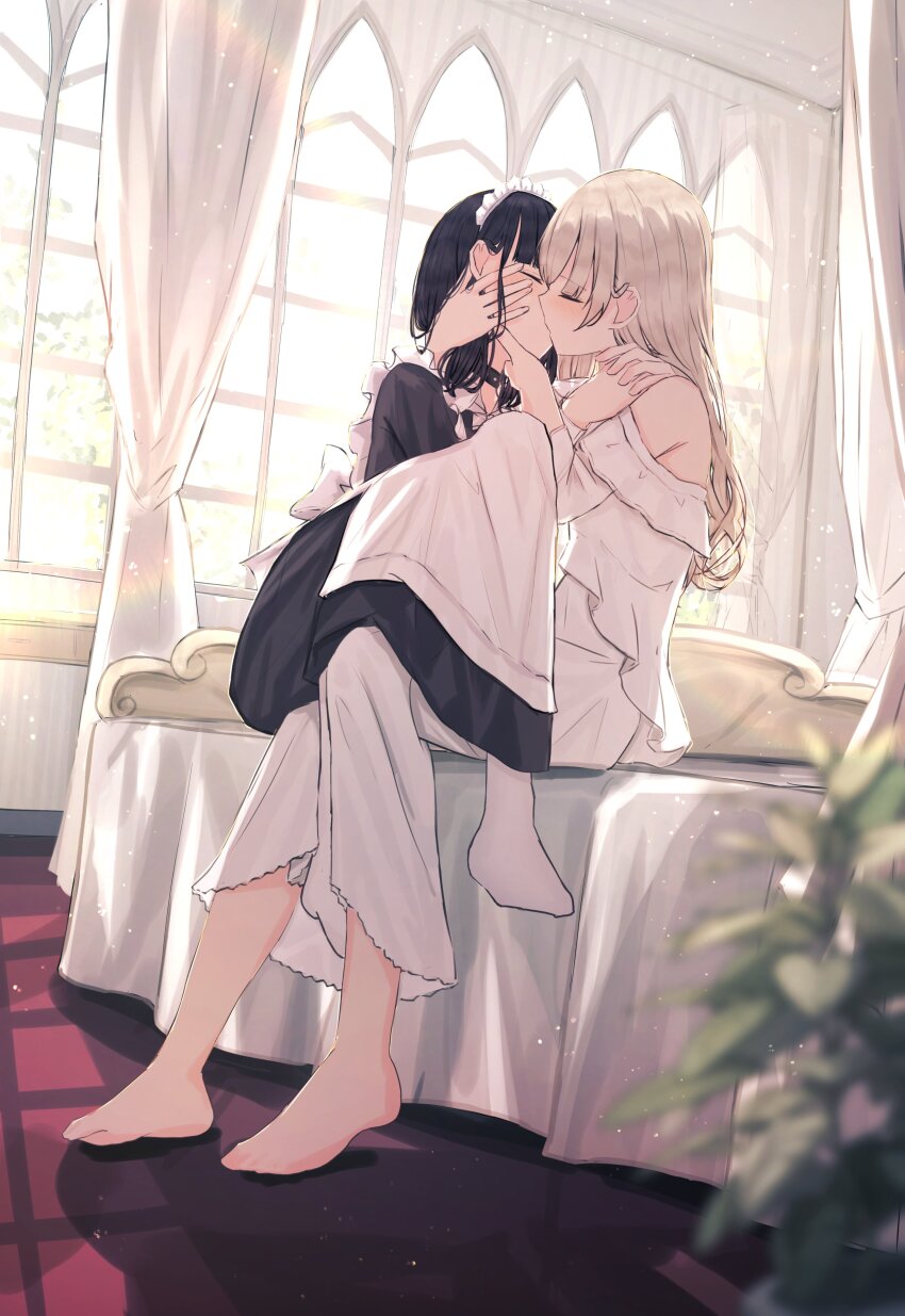 2girls absurdres apron barefoot bed benevole black_collar black_hair blonde_hair blurry blush closed_eyes collar commentary_request couple curtains depth_of_field dress highres indoors kiss light_particles long_hair maid maid_apron maid_headdress medium_hair multiple_girls original pantyhose plant potted_plant sitting sitting_on_lap sitting_on_person white_apron white_dress white_pantyhose window yuri