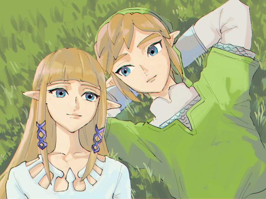 1boy 1girl armor arms_behind_head blonde_hair blue_eyes blunt_bangs chainmail collarbone commentary_request dress green_hat green_tunic hair_ornament hat hetero link long_hair long_sleeves looking_at_viewer lying nintendo on_back on_grass pointy_ears princess_zelda shirt short_hair sidelocks straight_hair the_legend_of_zelda the_legend_of_zelda:_skyward_sword tunic upper_body white_dress white_shirt yamori_(yamoooon21)