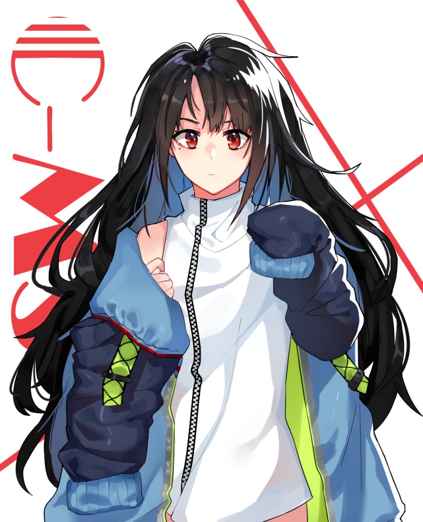 1girl 3o_c bad_id bad_pixiv_id bare_shoulders black_hair c-ms_(girls&#039;_frontline) character_name commentary cowboy_shot expressionless girls&#039;_frontline hair_between_eyes highres jacket long_hair looking_at_viewer messy_hair mole mole_under_eye off_shoulder oversized_clothes red_eyes shade simple_background turtleneck very_long_hair zipper