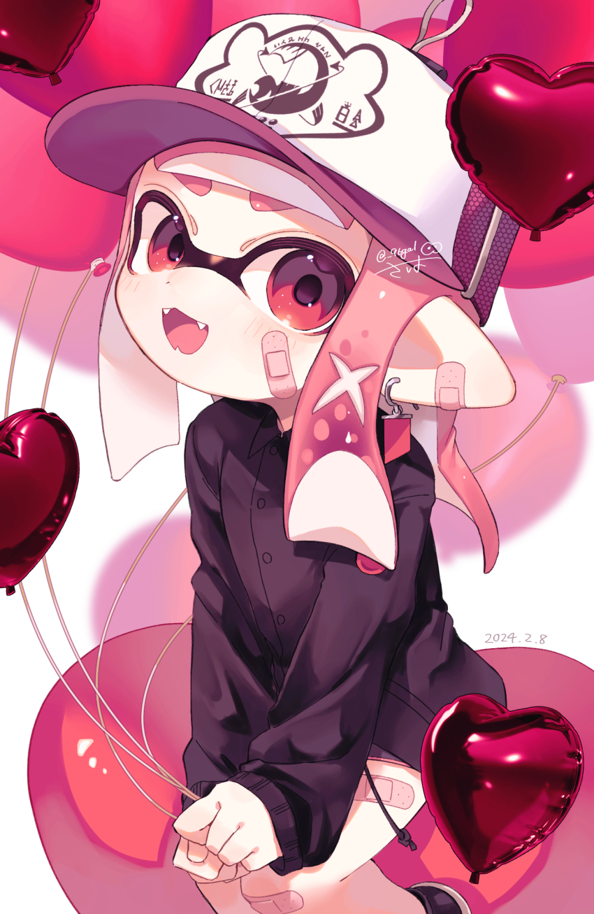 1girl artist_name balloon bandaid bandaid_on_ear bandaid_on_leg baseball_cap black_jacket buttons fangs hat heart heart_balloon highres holding holding_balloon inkling inkling_girl inkling_player_character jacket long_hair nintendo open_mouth pink_eyes pink_hair pointy_ears print_headwear sabata_saba sitting smile solo splatoon_(series) tentacle_hair thick_eyebrows twitter_username white_background