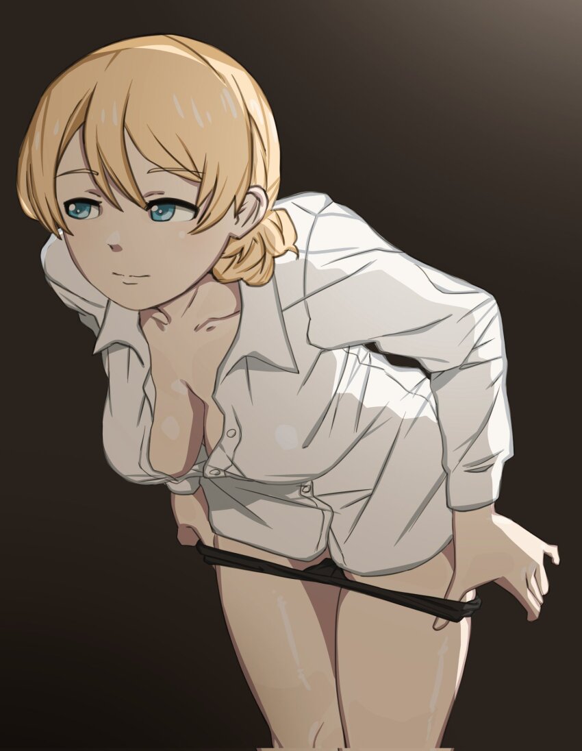 1girl black_panties blonde_hair blue_eyes blush braid breasts cleavage closed_mouth darjeeling_(girls_und_panzer) girls_und_panzer highres huaronanago large_breasts no_bra panties shirt solo underwear undressing white_shirt