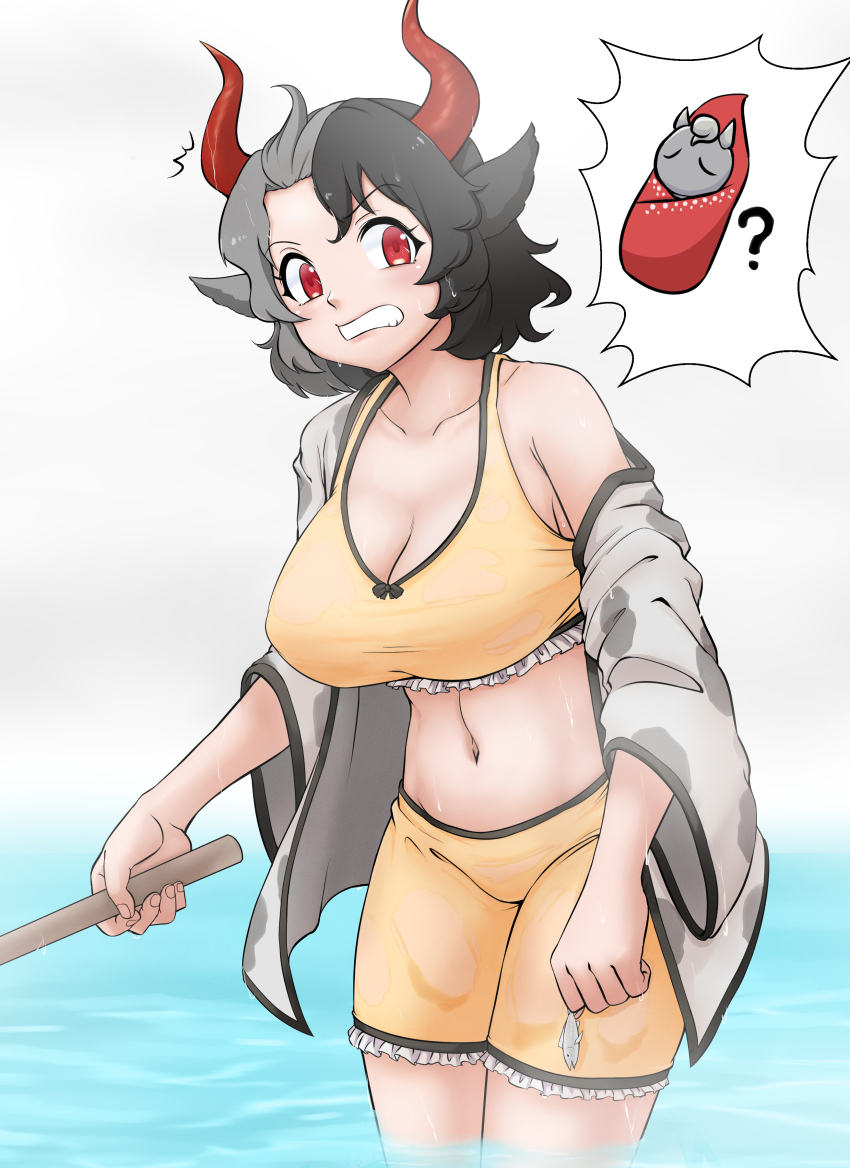 1girl ? absurdres animal animal_ears animal_print asymmetrical_bangs big_mouse black_hair blush breasts cleavage clenched_teeth commentary_request cow_ears cow_girl cow_horns cow_print cowboy_shot fish fishing_rod frilled_shorts frills grey_hair grey_jacket haori highres holding holding_animal holding_fish holding_fishing_rod horns jacket jacket_partially_removed japanese_clothes large_breasts looking_at_viewer medium_bangs midriff multicolored_hair navel notice_lines partially_submerged shirt short_hair shorts solo split-color_hair sports_bra teeth touhou two-tone_hair ushizaki_urumi water wet wet_clothes wet_shirt wet_shorts yellow_shorts yellow_sports_bra