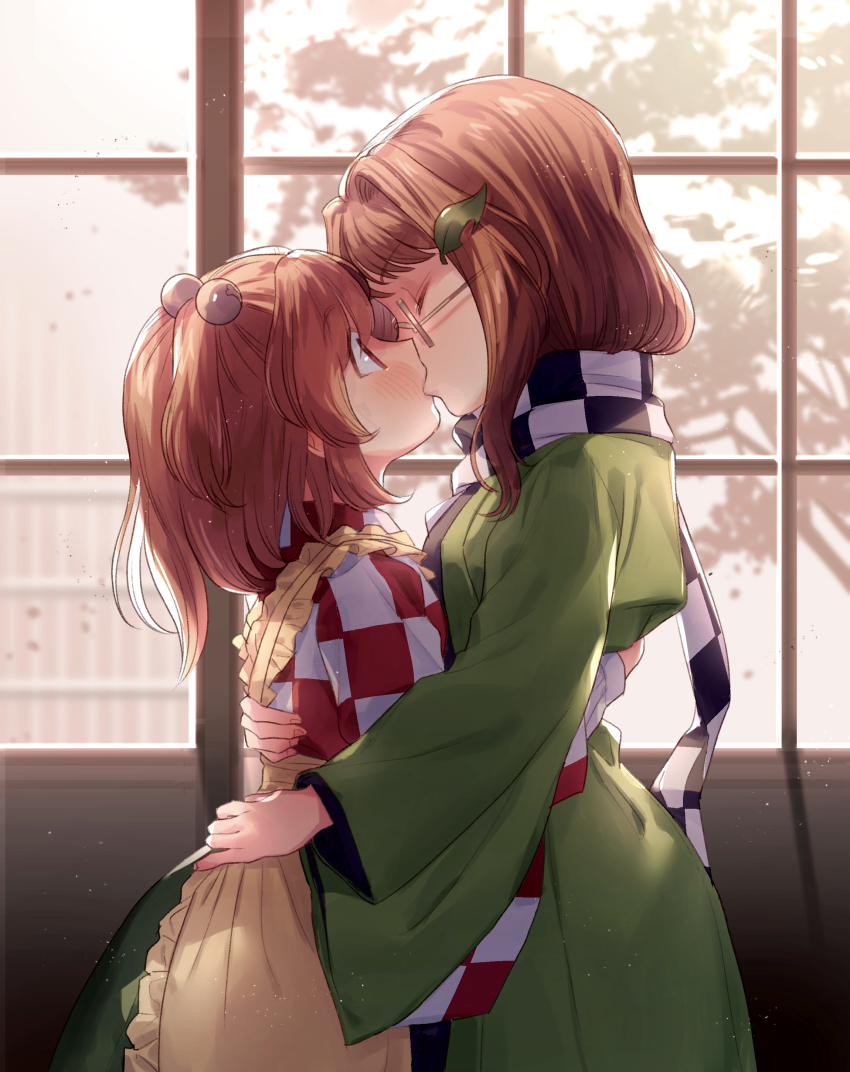 2girls absurdres apron bell blush brown_hair checkered_clothes checkered_kimono checkered_scarf enpera closed_eyes french_kiss frilled_apron frills futatsuiwa_mamizou futatsuiwa_mamizou_(human) glasses green_vest hair_bobbles hair_ornament highres japanese_clothes kimono kiss leaf leaf_on_head long_hair long_sleeves masanaga_(tsukasa) motoori_kosuzu multiple_girls orange_hair scarf short_hair touhou twintails vest wide_sleeves window yuri