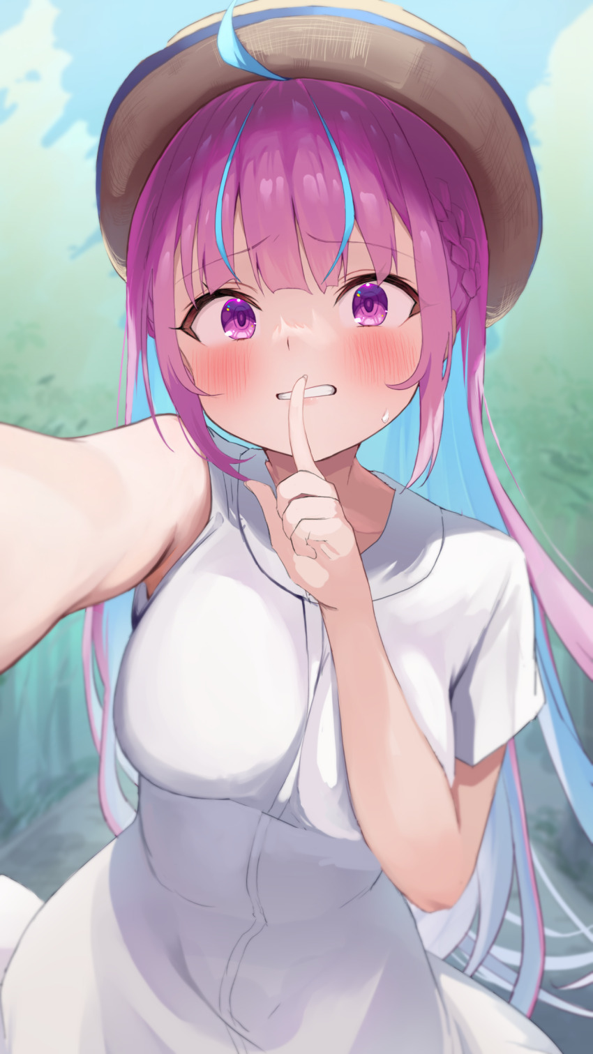 00s1g00 1girl ahoge blue_hair blush breasts colored_inner_hair commentary_request dress finger_to_mouth hat highres hololive index_finger_raised large_breasts long_hair looking_at_viewer minato_aqua multicolored_hair outdoors purple_eyes purple_hair short_sleeves shushing solo straw_hat streaked_hair teeth two-tone_hair virtual_youtuber white_dress