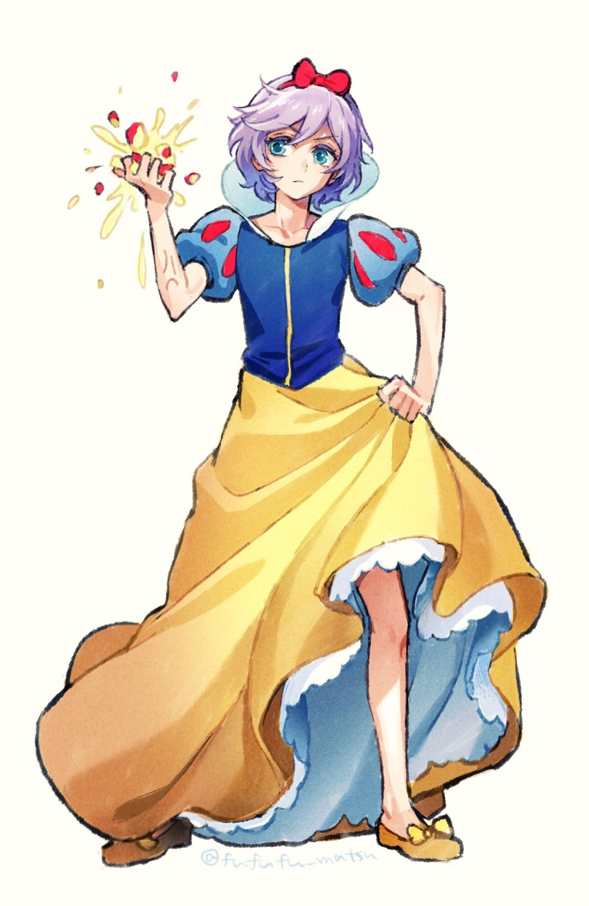 1boy apple blue_eyes commentary_request cosplay crossdressing crushing dress epel_felmier food fruit full_body funuyu high_collar highres holding holding_food holding_fruit looking_at_viewer male_focus purple_hair short_hair simple_background skirt_hold snow_white snow_white_(disney) snow_white_(disney)_(cosplay) solo standing trap twisted_wonderland white_background