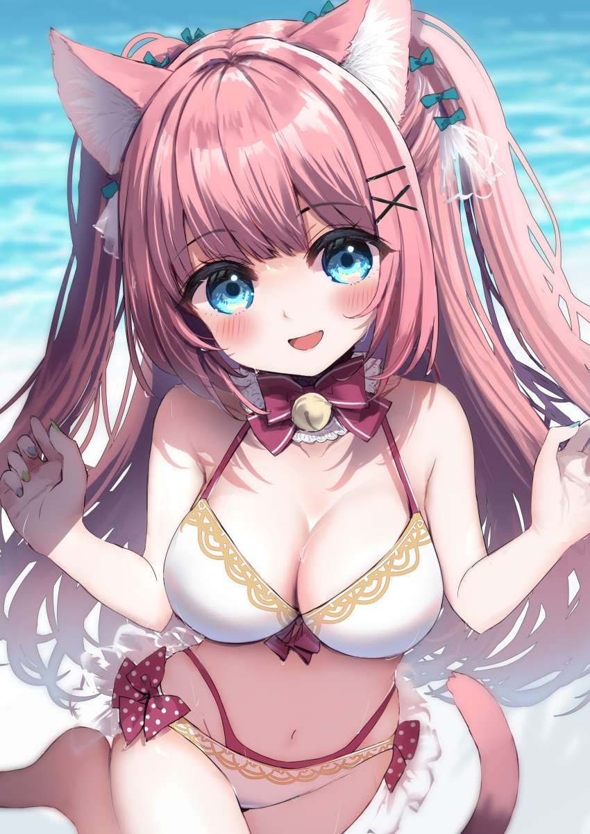 1girl :d absurdres animal_ear_fluff animal_ears aqua_nails bell bikini blue_eyes breasts cat_ears cat_girl cat_tail fang green_nails highres jingle_bell large_breasts long_hair looking_at_viewer nail_polish neck_bell open_mouth original panties_under_swimsuit pink_hair smile swimsuit tail torinosu_afro two_side_up white_bikini