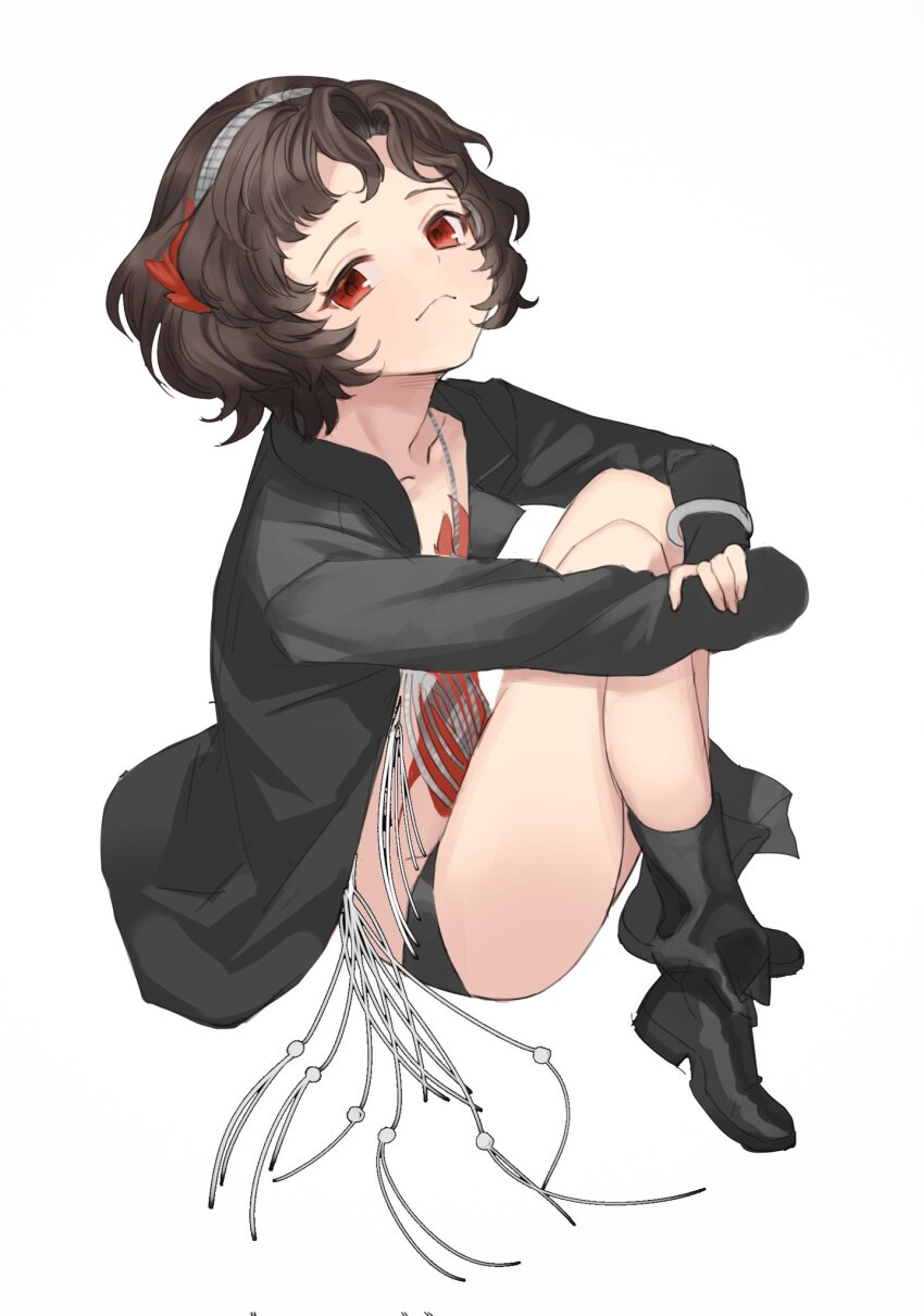 1girl :&lt; ankle_boots black_coat black_footwear black_hair black_panties boots coat curly_hair dress feather_dress feather_hair_ornament feathers full_body hair_ornament hairband hand_on_own_wrist highres hugging_own_legs jewelry knees_to_chest knees_up long_sleeves looking_at_viewer mmihpyy necklace on_ground panties red_dress red_eyes red_feathers reverse:1999 schneider_(reverse:1999) short_dress short_hair sitting solo underwear white_background