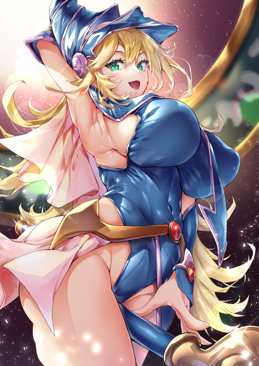 1girl alternate_breast_size arm_up armored_leotard armpits blonde_hair blue_headwear blue_leotard breasts curvy dark_magician_girl duel_monster green_eyes highleg highleg_leotard highres large_breasts leotard long_hair looking_at_viewer magical_girl open_mouth sasakuma_kyouta shiny_clothes shiny_skin sideboob solo wand yu-gi-oh! yu-gi-oh!_duel_monsters