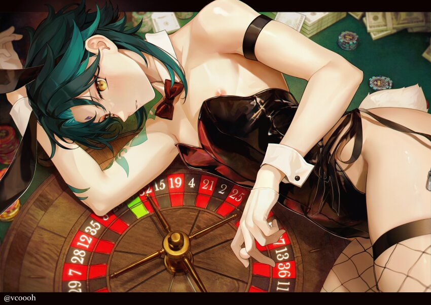 1boy absurdres ahoge animal_ears aqua_hair arm_tattoo banknote black_hair black_hairband black_leotard blush casino facial_mark fake_animal_ears fake_tail fishnet_thighhighs fishnets forehead_mark genshin_impact green_hair hairband highres jewelry leotard lying male_focus money multicolored_hair nipples playboy_bunny rabbit_ears rabbit_tail roulette short_hair solo tail tattoo thighhighs trap vcoooh xiao_(genshin_impact) yellow_eyes