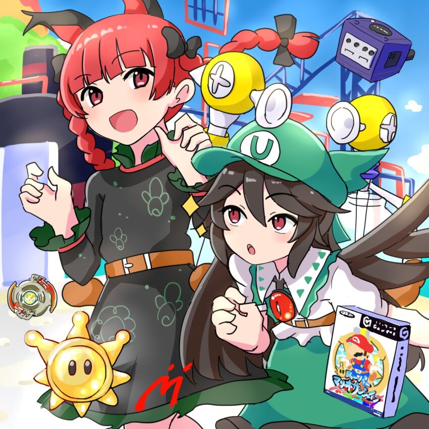 2girls beyblade bird_wings black_dress black_hair black_wings blue_sky bow braid commentary_request dress f.l.u.d.d. game_console gamecube green_hat green_skirt hair_bow hat highres kaenbyou_rin kappy745 long_hair long_sleeves looking_at_viewer mario_(series) multiple_girls nintendo open_mouth outdoors red_eyes red_hair reiuji_utsuho shine_sprite shirt side_braids skirt sky smile super_mario_sunshine third_eye touhou twin_braids white_shirt wings