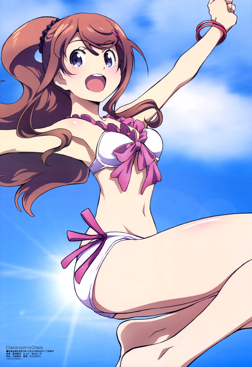 10s 1girl :d absurdres arm_up armpits barefoot bikini blue_eyes blush body_blush bow bracelet breasts brown_hair butterfly_hair_ornament classroom_crisis clenched_hand cloud day female_focus frilled_bikini frills from_side front-tie_bikini_top front-tie_top hair_ornament hairclip happy high_ponytail highres jewelry jumping legs long_hair looking_at_viewer megami_magazine navel non-web_source official_art open_mouth outdoors outstretched_arm parted_bangs ponytail scan scrunchie sera_mizuki_(classroom_crisis) side-tie_bikini_bottom sky small_breasts smile solo sun swept_bangs swimsuit tomioka_takashi wavy_hair white_bikini