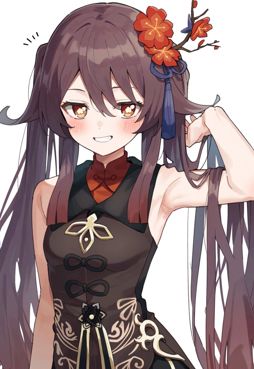 1girl adapted_costume arm_up armpits bare_arms bare_shoulders blush breasts brown_eyes brown_hair chinese_clothes collared_coat flower genshin_impact grin hair_between_eyes hair_flower hair_ornament highres hu_tao_(genshin_impact) kobisi long_hair looking_at_viewer red_eyes red_flower red_shirt shirt sidelocks simple_background sleeveless small_breasts smile solo symbol-shaped_pupils twintails upper_body very_long_hair white_background