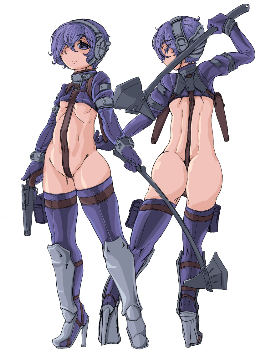 1girl arm_up armor armored_boots ass ass_focus asymmetrical_dual_wielding axe boots breasts closed_mouth crop_top crotch_strap doekuramori dual_wielding female_focus from_behind full_body gloves greaves gun hair_over_one_eye halberd handgun headgear high_heel_boots high_heels holding holding_axe holding_gun holding_pistol holding_weapon holster looking_at_viewer looking_back martyr_(the_citadel) multiple_views official_art outstretched_arm pistol polearm pouch purple_eyes purple_gloves purple_hair purple_skirt purple_thighhighs skirt small_breasts standing the_citadel thigh_pouch thigh_strap thighhighs transparent_background weapon