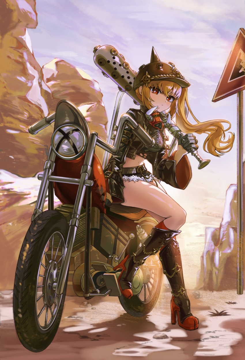 1girl arm_support baseball_bat belt biker_clothes black_belt black_gloves black_helmet black_shirt black_shorts blonde_hair boots closed_mouth combat_helmet commentary cropped_jacket day desert fur-trimmed_shorts fur_trim gloves half_gloves helmet high_heel_boots high_heels highres holding holding_baseball_bat jacket leaning_against_motorcycle leather leather_jacket long_hair looking_at_viewer luciana_de_montefio mask mask_around_neck metal_baseball_bat micro_shorts midriff mising_0033 motor_vehicle motorcycle navel outdoors red_eyes red_socks respirator road_sign rock shirt shorts side_ponytail sign sitting sky socks solo symbol-only_commentary thighs torn_clothes torn_shirt wheel wide_sleeves zenless_zone_zero