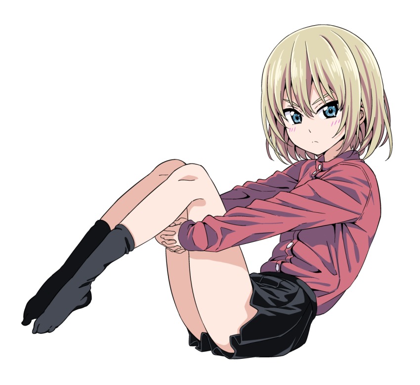 10s 1girl black_skirt black_socks blonde_hair blue_eyes female_focus from_side girls_und_panzer hiroyuki hugging_own_legs katyusha_(girls_und_panzer) long_sleeves looking_at_viewer miniskirt no_jacket pleated_skirt red_shirt school_uniform shirt short_hair simple_background sitting skirt socks solo turtleneck white_background