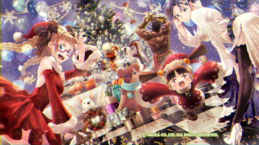 area_(arika) arika balloon black_hair blair_dame breasts character_request christmas closed_mouth dark_skin darun_mister fighting_ex_layer food highres jewelry long_hair looking_at_viewer medium_breasts medium_hair multiple_boys multiple_girls official_art official_wallpaper open_mouth ponytail skullomania smile street_fighter street_fighter_ex_(series) technictix turkey_(food)