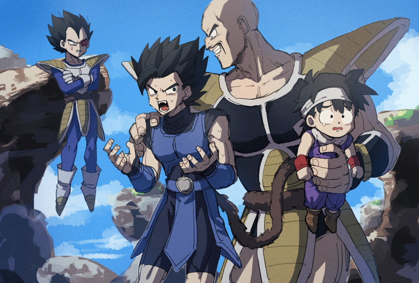 4boys armor bald bandana black_eyes black_hair blue_armor blue_sky bracer carrying carrying_person child clenched_teeth cloud commentary_request crossed_arms dougi dragon_ball dragon_ball_legends dragonball_z facial_hair gloves hand_on_another&#039;s_shoulder highres kometubu0712 male_focus medium_hair monkey_boy monkey_tail multiple_boys muscular muscular_male mustache nappa open_mouth outdoors red-tinted_eyewear red_wristband saiyan_armor scouter shallot_(dragon_ball) short_hair single_bang sky son_gohan spiked_hair sweatdrop tail tail_around_waist tears teeth tinted_eyewear vegeta white_bandana white_gloves widow&#039;s_peak