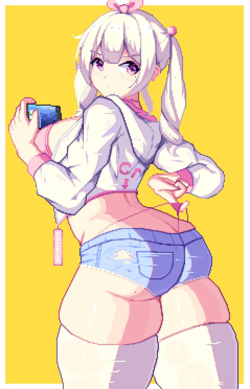 1girl breasts cleavage denim denim_shorts highres large_breasts looking_back mole mole_on_ass mole_under_eye piao_mao pink_eyes pixel_art self_wedgie short_shorts shorts solo thick_thighs thighhighs thighs thong torn_clothes twintails wedgie