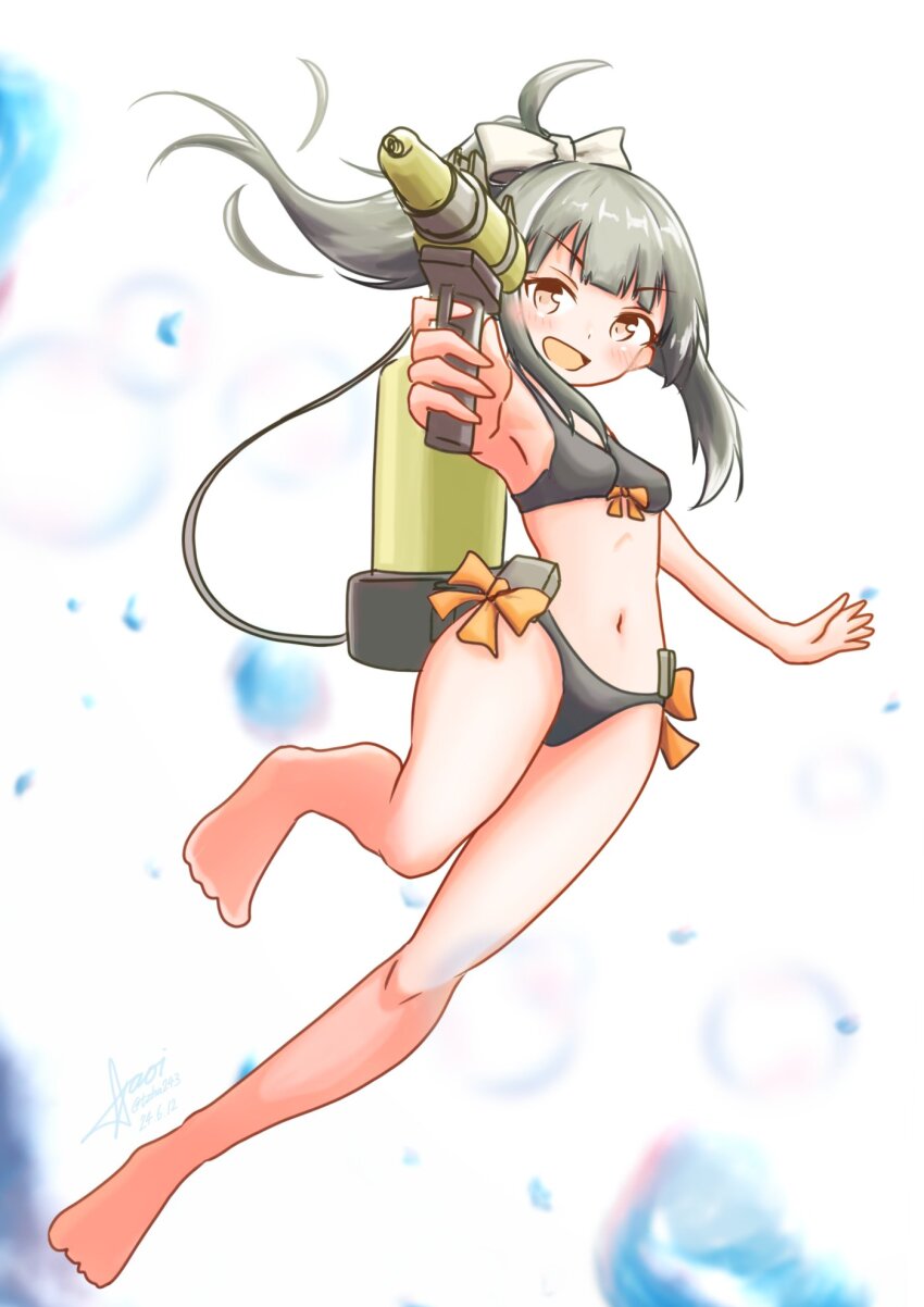 1girl aaoi barefoot bikini black_bikini brown_eyes front-tie_bikini_top front-tie_top full_body grey_hair hair_ribbon highres kantai_collection long_hair one-hour_drawing_challenge ribbon side-tie_bikini_bottom sidelocks smile solo swimsuit water_gun white_ribbon yuubari_(kancolle) yuubari_kai_ni_(kancolle) yuubari_kai_ni_(swimsuit_mode)_(kancolle)