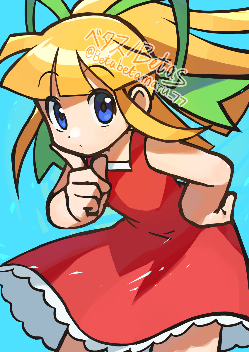 1girl absurdres artist_name betabetamaru blonde_hair blue_background blue_eyes closed_mouth dress green_ribbon hair_ribbon hand_on_own_hip highres index_finger_raised long_hair looking_at_viewer mega_man_(classic) mega_man_(series) ponytail red_dress ribbon roll_(mega_man) sleeveless sleeveless_dress solo twitter_username