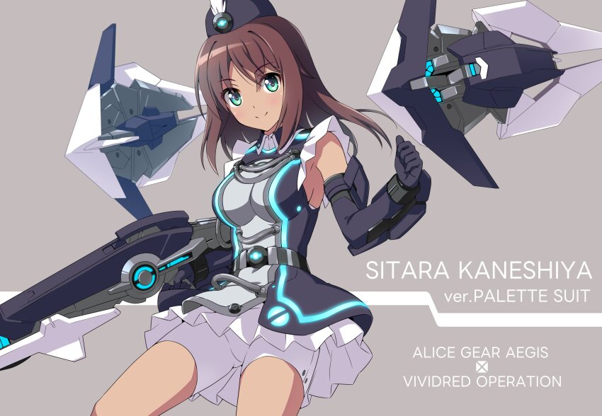 1girl absurdres alice_gear_aegis black_gloves black_hat brown_hair character_name commentary_request cosplay dark-skinned_female dark_skin dress elbow_gloves garrison_cap gloves green_eyes grey_background hat highres kaneshiya_sitara long_hair machinery mecha_musume nonbe palette_suit shorts shorts_under_dress smile solo vividred_operation white_shorts