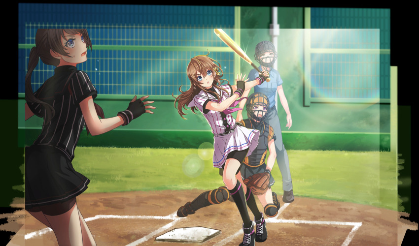 4girls arihara_tsubasa baseball baseball_bat baseball_glove baseball_stadium baseball_uniform belt belt_buckle belt_pouch bike_shorts_under_skirt black_belt black_footwear black_gloves black_pouch black_shirt black_shorts black_skirt black_socks black_undershirt blue_eyes bow brown_hair buckle catcher&#039;s_mask cinderella_series fingerless_gloves game_cg glint gloves grey_pants hachigatsu_no_cinderella_nine hair_between_eyes hair_bow highres holding holding_baseball_bat kneehighs lens_flare long_hair looking_up metal_baseball_bat multiple_girls neckerchief non-web_source official_art on_one_knee pants pink_neckerchief playing_sports pleated_skirt pouch shirt shirt_under_shirt short_sleeves shorts skirt socks solo_focus sportswear standing striped_belt striped_clothes striped_shirt sweat swinging vertical-striped_clothes vertical-striped_shirt yellow_bow