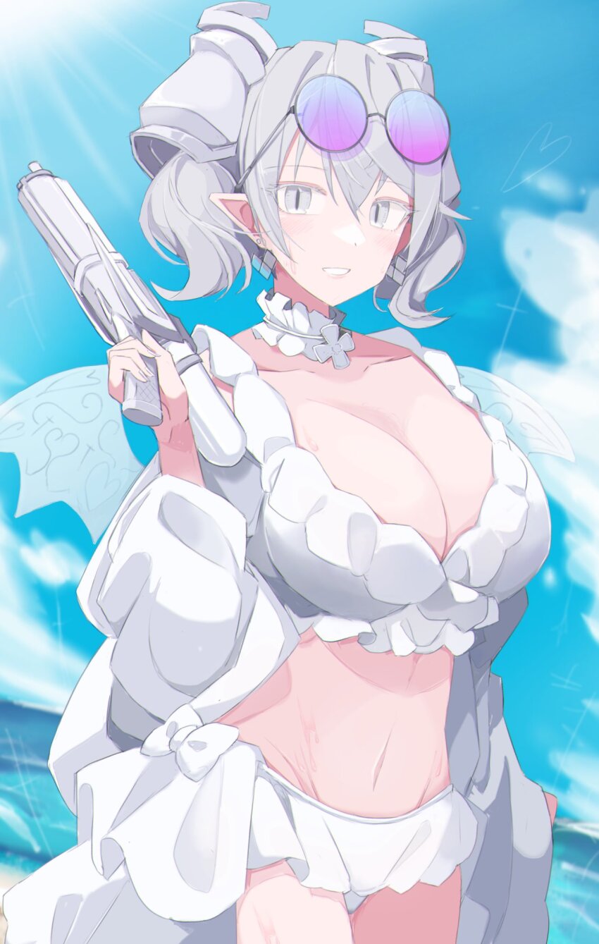 bikini breasts choker cleavage cloud earrings frilled_bikini frills grey_eyes grey_hair highres jewelry large_breasts lovely_labrynth_of_the_silver_castle navel ocean pointy_ears sakuragi_raia sky slit_pupils sunglasses_on_head swimsuit transparent_wings water_gun white_bikini yu-gi-oh!