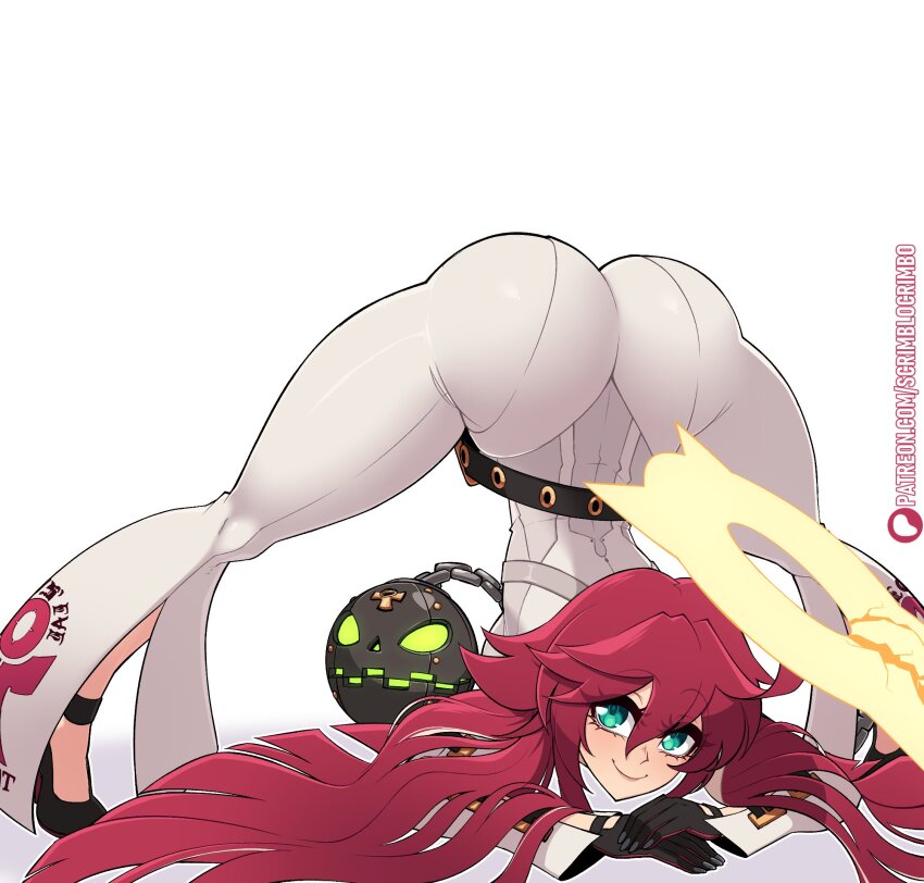 1girl ass ball_and_chain_restraint belt black_gloves bodysuit broken_halo colored_inner_hair gloves green_eyes guilty_gear guilty_gear_strive hair_between_eyes halo highres huge_ass jack-o&#039;_challenge jack-o&#039;_valentine long_hair metal_ball multicolored_hair on_floor pants red_hair scrimblocrimbo smile solo thighs white_bodysuit