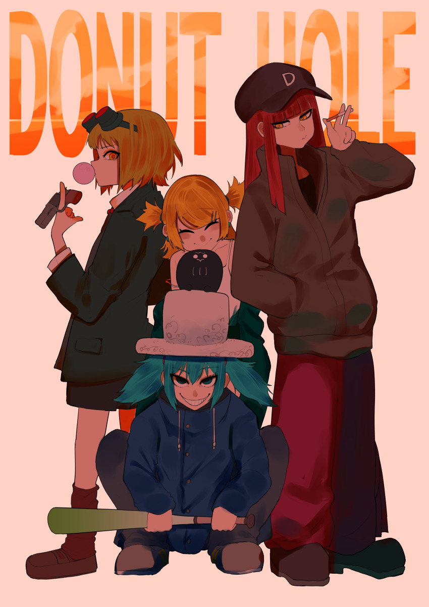 4girls absurdres aqua_eyes aqua_hair aqua_jacket bare_shoulders baseball_bat baseball_cap bead_necklace beads black_choker black_jacket black_pants black_shirt blonde_hair blowing_bubbles blue_jacket brown_footwear buttons chewing_gum choker cigarette closed_eyes closed_mouth collarbone collared_shirt creature donut_hole_(vocaloid) dress goggles goggles_on_head green_hair gumi gun hair_ornament hairclip hat hatsune_miku highres hime_cut holding holding_baseball_bat holding_cigarette holding_gun holding_weapon jacket jewelry kagamine_rin long_hair looking_at_viewer megurine_luka multiple_girls necklace open_clothes open_jacket orange_eyes pants pink_pants red_hair red_socks sharp_teeth shirt short_hair short_twintails smile smoke socks song_name squatting standing teeth top_hat twintails vocaloid weapon white_dress white_hat white_shirt yuuppi