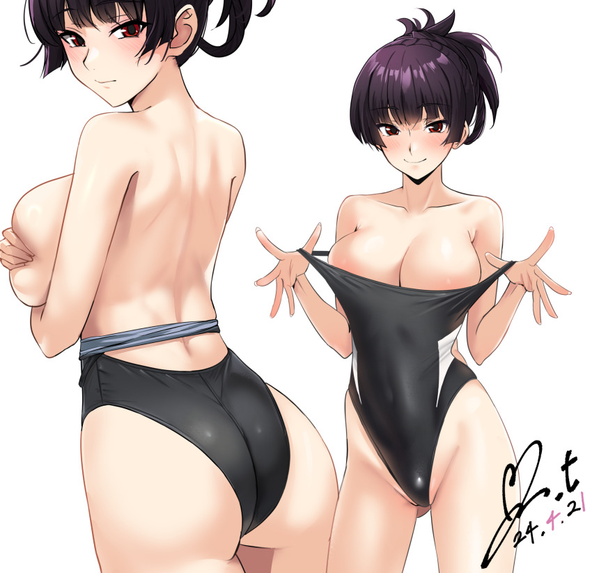 1girl ass back bare_shoulders blunt_bangs blush breasts butt_crack cleavage clothes_pull covering_breasts covering_privates highres kanoe_yuuko large_breasts long_hair looking_at_viewer one-piece_swimsuit one-piece_swimsuit_pull pulling_own_clothes purple_hair red_eyes school_swimsuit smile solo swimsuit tasogare_otome_x_amnesia teasing yoo_tenchi