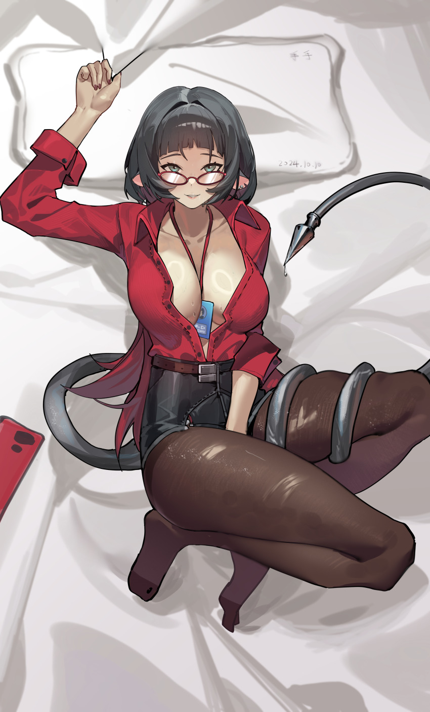 1girl absurdres arm_up black_pantyhose black_shorts breasts cleavage glasses hair_intakes highres jane_doe_(zenless_zone_zero) lanyard large_breasts no_shoes pantyhose pillow red-framed_eyewear red_shirt shirt short_shorts shorts solo tail thighs zenless_zone_zero zhimalin_da