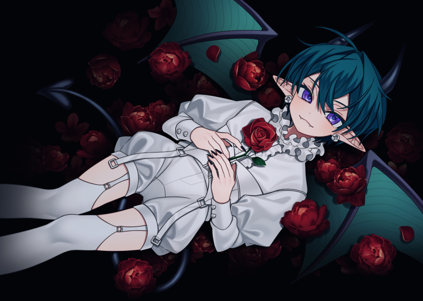 1boy ahoge aqua_hair bat_wings black_background black_nails blue_shorts closed_mouth collar commentary_request demon_boy demon_tail demon_wings earrings eyelashes fingernails floral_background flower flower_earrings frilled_collar frills garter_belt garter_straps gluteal_fold hair_intakes highres indie_virtual_youtuber jewelry juliet_sleeves long_fingernails long_sleeves looking_at_viewer lying male_focus petals petite pointy_ears puffy_shorts puffy_sleeves purple_eyes red_flower red_rose rose rose_background rose_petals setokun_(vtuber) shirt shirt_straps short_shorts shorts solo strap tail textless_version thighhighs trap virtual_youtuber wenaka_yuuji white_garter_straps white_shirt white_thighhighs wings