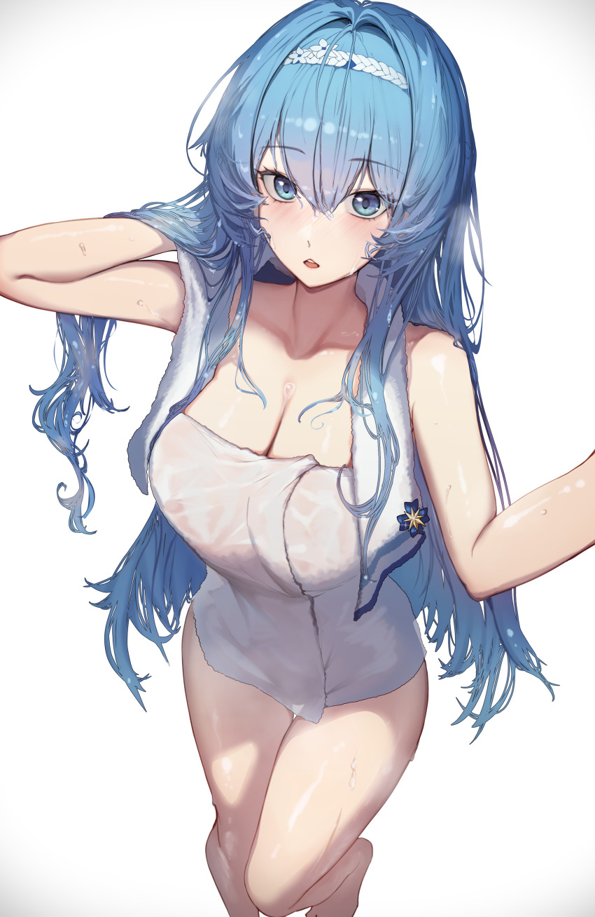 1girl absurdres after_bathing blue_eyes blue_hair blush breasts cleavage collarbone commentary goddess_of_victory:_nikke hair_between_eyes hair_intakes helm_(nikke) helm_(post-shower_moment)_(nikke) highres houh888 large_breasts long_hair looking_at_viewer naked_towel open_mouth simple_background solo standing standing_on_one_leg thighs towel towel_around_neck wet_towel white_background