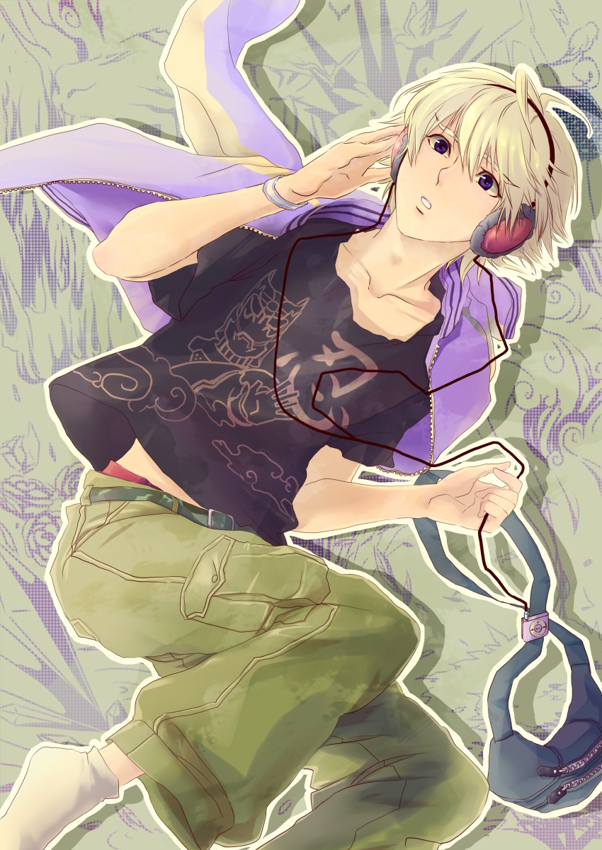 10s 1boy absurdres blonde_hair digital_media_player headphones highres ipod ivan_karelin jacket letterman_jacket male_focus origami_cyclone purple_eyes purple_jacket renka88 short_hair solo tiger_&amp;_bunny