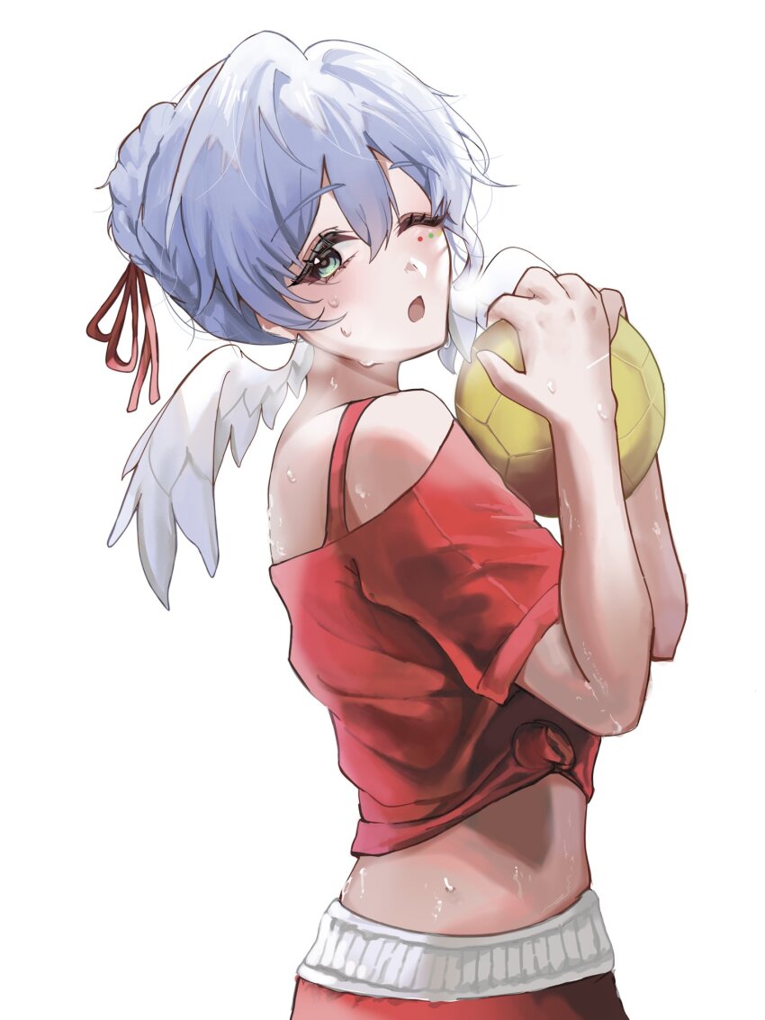 1girl alternate_costume ball clothing_cutout commentary crop_top from_side grey_eyes grey_hair hair_bun head_wings highres holding holding_ball honkai:_star_rail honkai_(series) jewel_under_eye kbnimated midriff one_eye_closed open_mouth red_shirt robin_(honkai:_star_rail) shirt short_sleeves shoulder_cutout simple_background soccer_ball solo sweat white_background white_wings wings