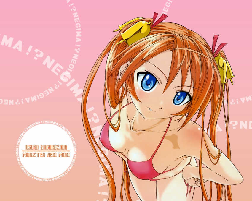 00s 1girl bell bikini blue_eyes blush breasts cleavage close-up covered_erect_nipples female_focus hair_ornament hands_on_own_hips head_tilt kagurazaka_asuna leaning_forward long_hair mahou_sensei_negima! non-web_source oota_kazuhiro orange_hair side-tie_bikini_bottom smile solo swimsuit twintails very_long_hair