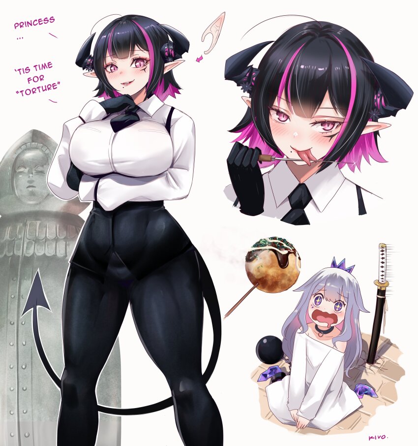 2girls absurdres aradia_ravencroft black_gloves black_hair black_pants blush breasts collar colored_inner_hair cosplay crown demon_girl demon_horns demon_tail food forked_tongue gloves grey_hair hair_ornament highres hime-sama_&quot;goumon&quot;_no_jikan_desu hime_(himesama_goumon) hime_(himesama_goumon)_(cosplay) hololive hololive_english horns iron_maiden jewel_under_eye katana kivo koseki_bijou large_breasts long_hair long_sleeves looking_at_viewer metal_collar mini_crown mole multicolored_hair multiple_girls open_mouth oversized_clothes pants pink_eyes pink_hair pointy_ears purple_eyes purple_hair rags shirt short_hair sword tail takoyaki tongue toothpick torture_tortura torture_tortura_(cosplay) two-tone_hair very_long_hair virtual_youtuber weapon white_shirt