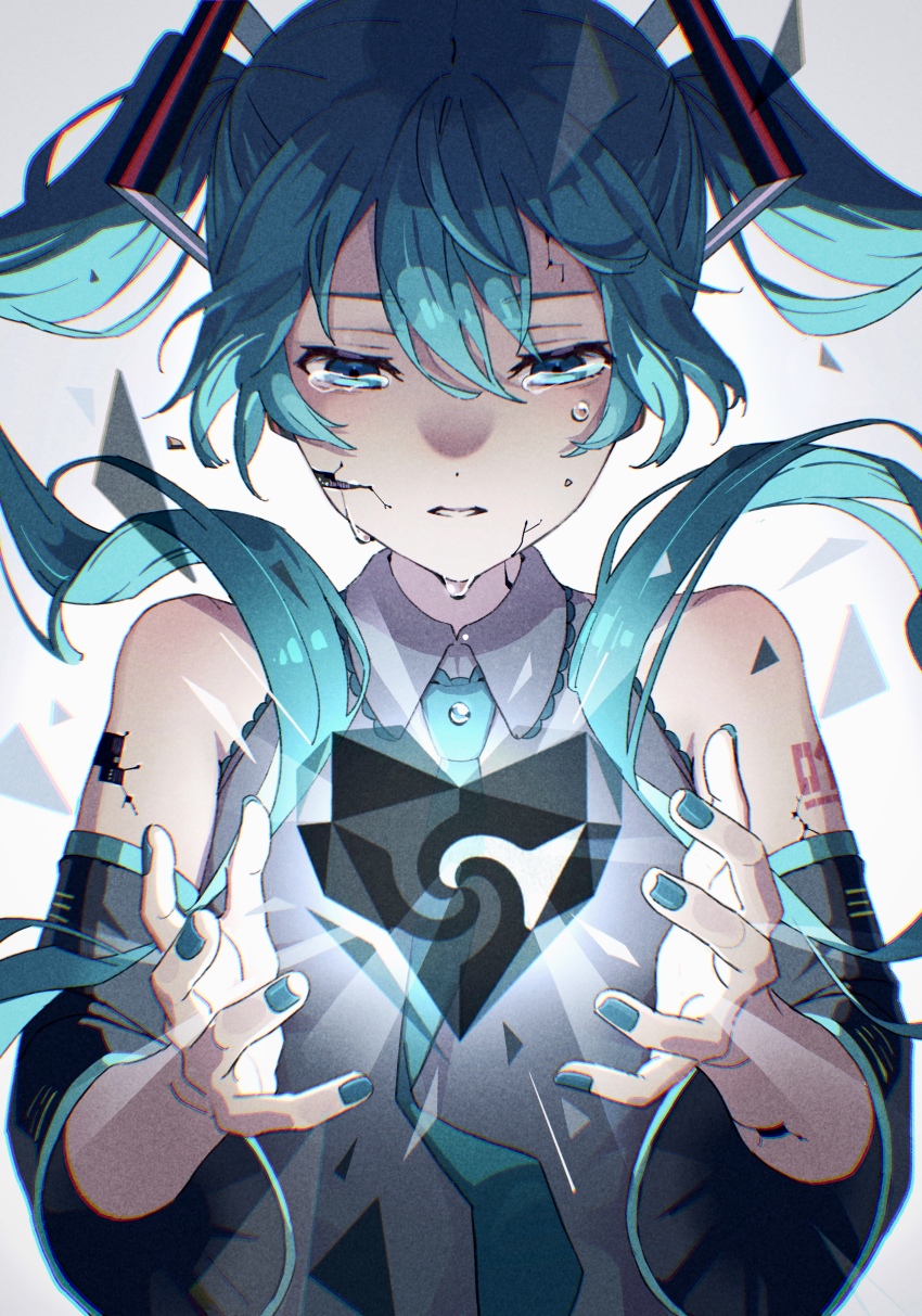 1girl absurdres bare_shoulders blue_eyes blue_hair blue_nails blue_necktie collared_shirt commentary crying crying_with_eyes_open detached_sleeves fingernails gradient_background grey_background grey_shirt hair_between_eyes hair_ornament hands_up hatsune_miku heart highres long_hair long_sleeves looking_down mele_ck nail_polish necktie number_tattoo shirt sidelocks simple_background solo tattoo tears teeth triangle twintails unknown_mother_goose_(vocaloid) vocaloid white_background wide_sleeves wowaka