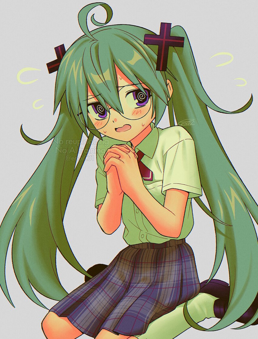 1girl @_@ blue_background blush collared_shirt confessions_of_a_rotten_girl_(vocaloid) cross_hair_ornament full_body glasses green_hair hair_ornament hatsune_miku highres interlocked_fingers loafers long_hair looking_at_viewer menma_(enaic31) open_mouth own_hands_together plaid_clothes plaid_skirt purple_eyes round_eyewear school_uniform shirt shoes simple_background sitting skirt socks solo sweat twintails very_long_hair vocaloid wariza wavy_mouth white_shirt white_socks