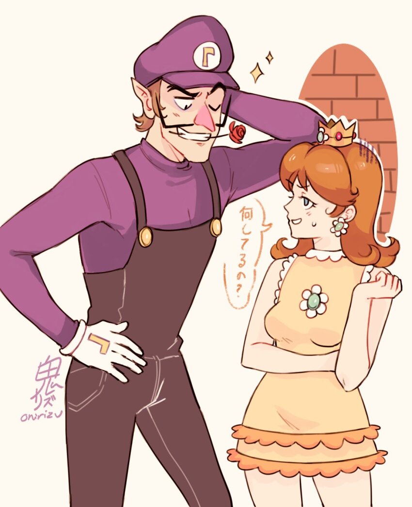 1boy 1girl black_overalls brown_hair crown dress earrings flower flower_earrings hand_on_own_hip hat highres jewelry long_hair mario_(series) nintendo one_eye_closed onirizu orange_dress overalls princess_daisy purple_hat purple_shirt rose shirt signature sleeveless sleeveless_dress smirk sparkle sweatdrop translation_request waluigi