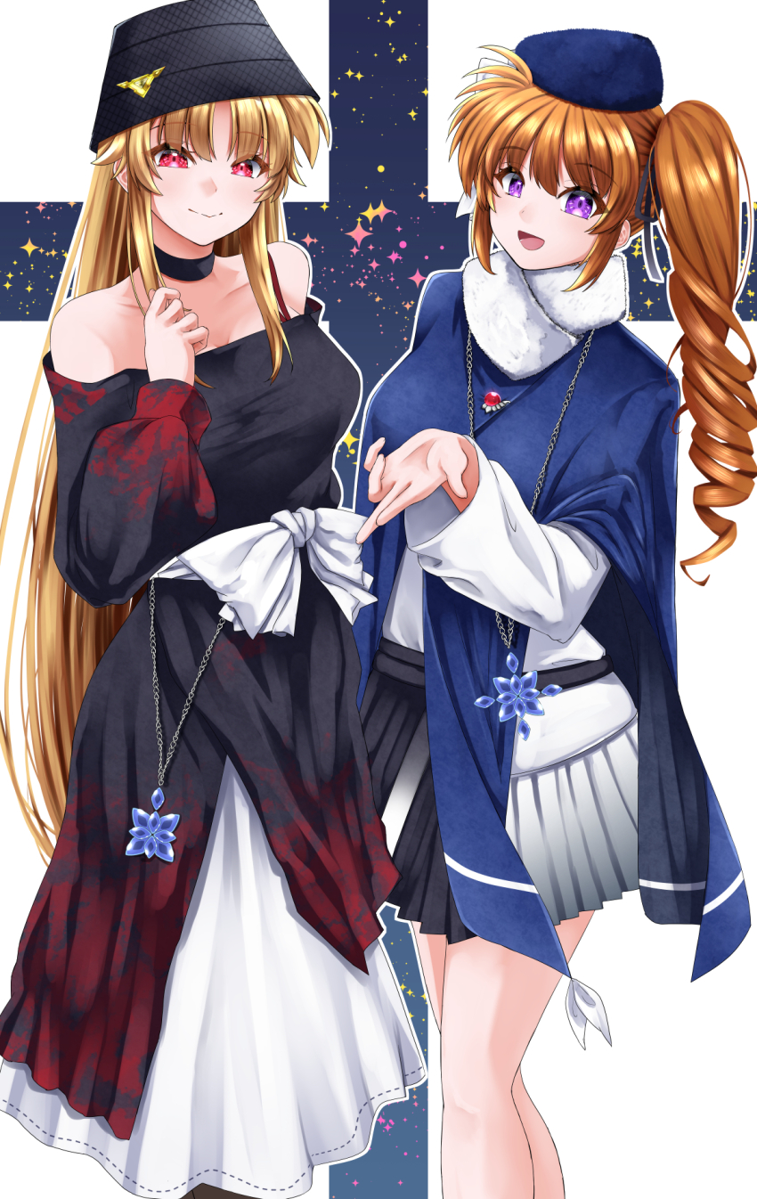 2girls bardiche_(nanoha) blonde_hair brown_hair closed_mouth commentary_request dress fate_testarossa hat highres long_hair looking_at_viewer lyrical_nanoha mahou_shoujo_lyrical_nanoha_strikers multiple_girls open_mouth purple_eyes raising_heart red_eyes side_ponytail smile sougetsu_izuki takamachi_nanoha very_long_hair