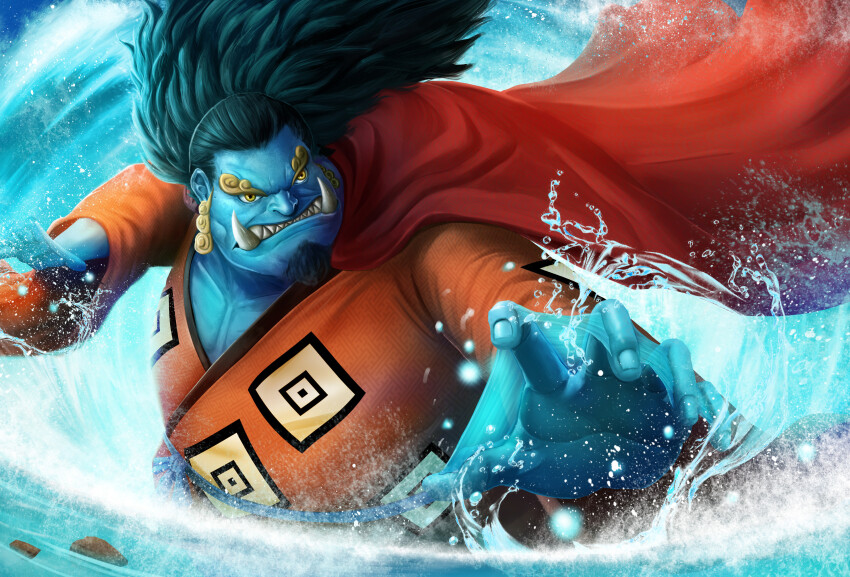 1boy absurdres black_hair blue_skin clenched_teeth colored_skin commentary curly_eyebrows english_commentary facial_hair fish_boy goatee highres jinbe_(one_piece) long_hair long_sleeves male_focus one_piece realistic sharp_teeth shenlim solo teeth tusks water webbed_hands yellow_eyes