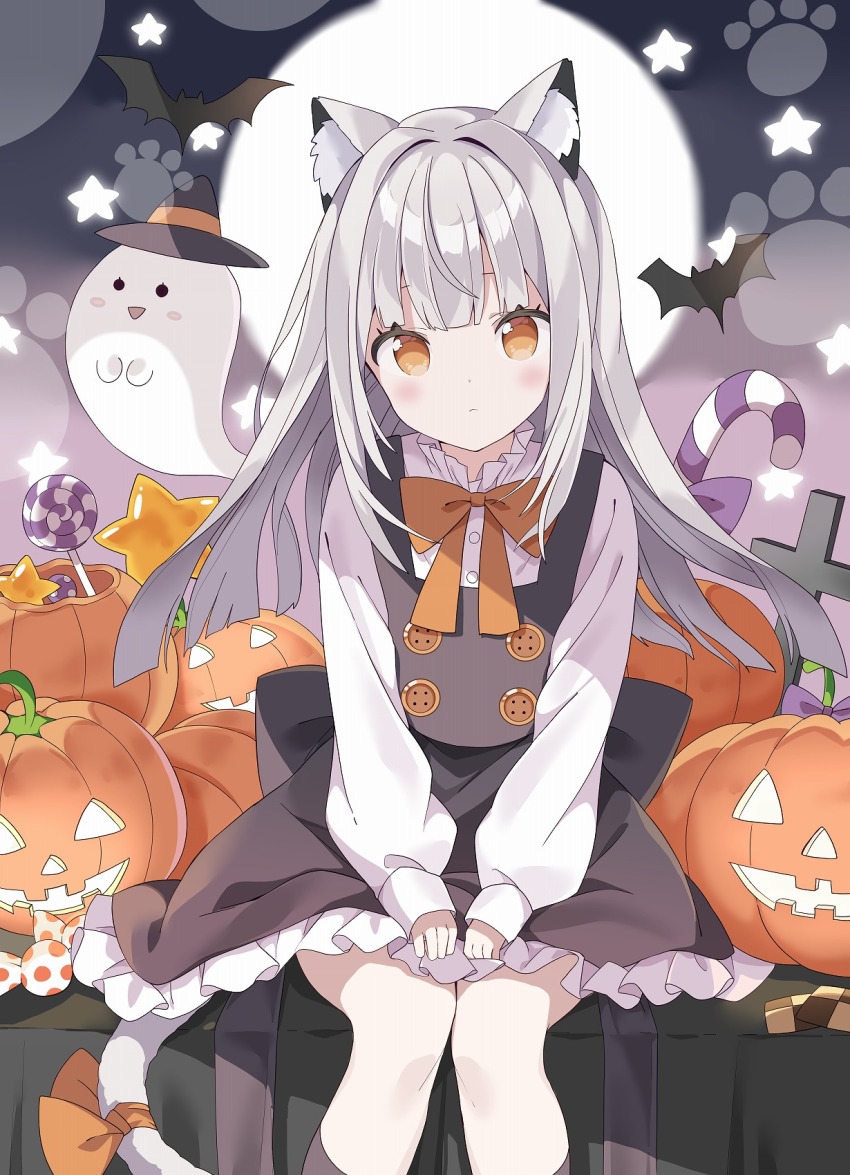 1girl animal_ear_fluff animal_ears black_dress black_hat blush bow brown_bow brown_eyes candy candy_cane cat_ears cat_girl cat_tail closed_mouth commentary_request dress feet_out_of_frame food frilled_dress frills full_moon ghost grey_hair halloween hat highres jack-o&#039;-lantern lollipop long_hair long_sleeves moon original puffy_long_sleeves puffy_sleeves revision shirt sitting sleeves_past_wrists solo star_(symbol) swirl_lollipop tail tail_bow tail_ornament tantan_men_(dragon) very_long_hair white_shirt witch_hat