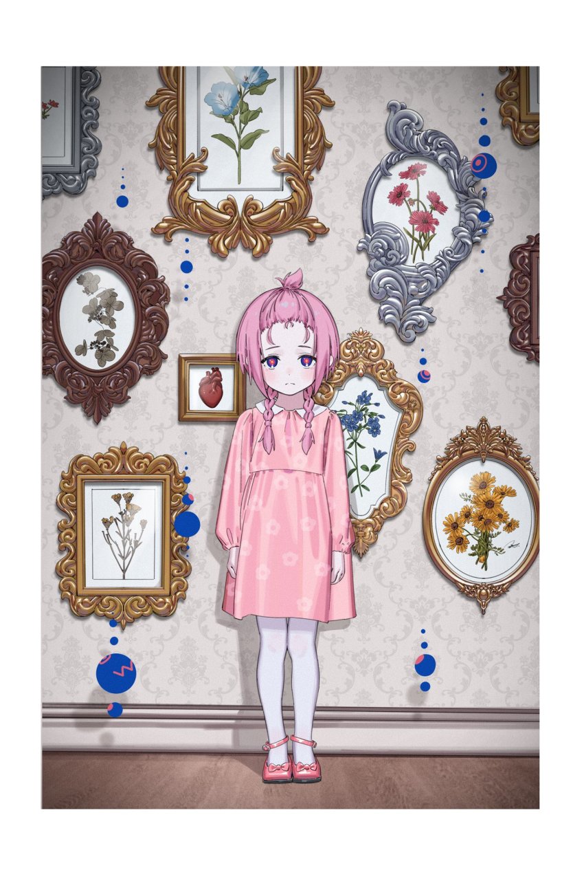 1girl aged_down bangs_pinned_back blush border braid child dress floral_print flower forehead frown full_body highres kaf_(kamitsubaki_studio) kamitsubaki_studio long_hair looking_at_viewer low_twin_braids multicolored_eyes painting_(object) pantyhose pink_dress pink_footwear pink_hair ryuuforkaf solo twin_braids virtual_youtuber white_border yellow_pupils