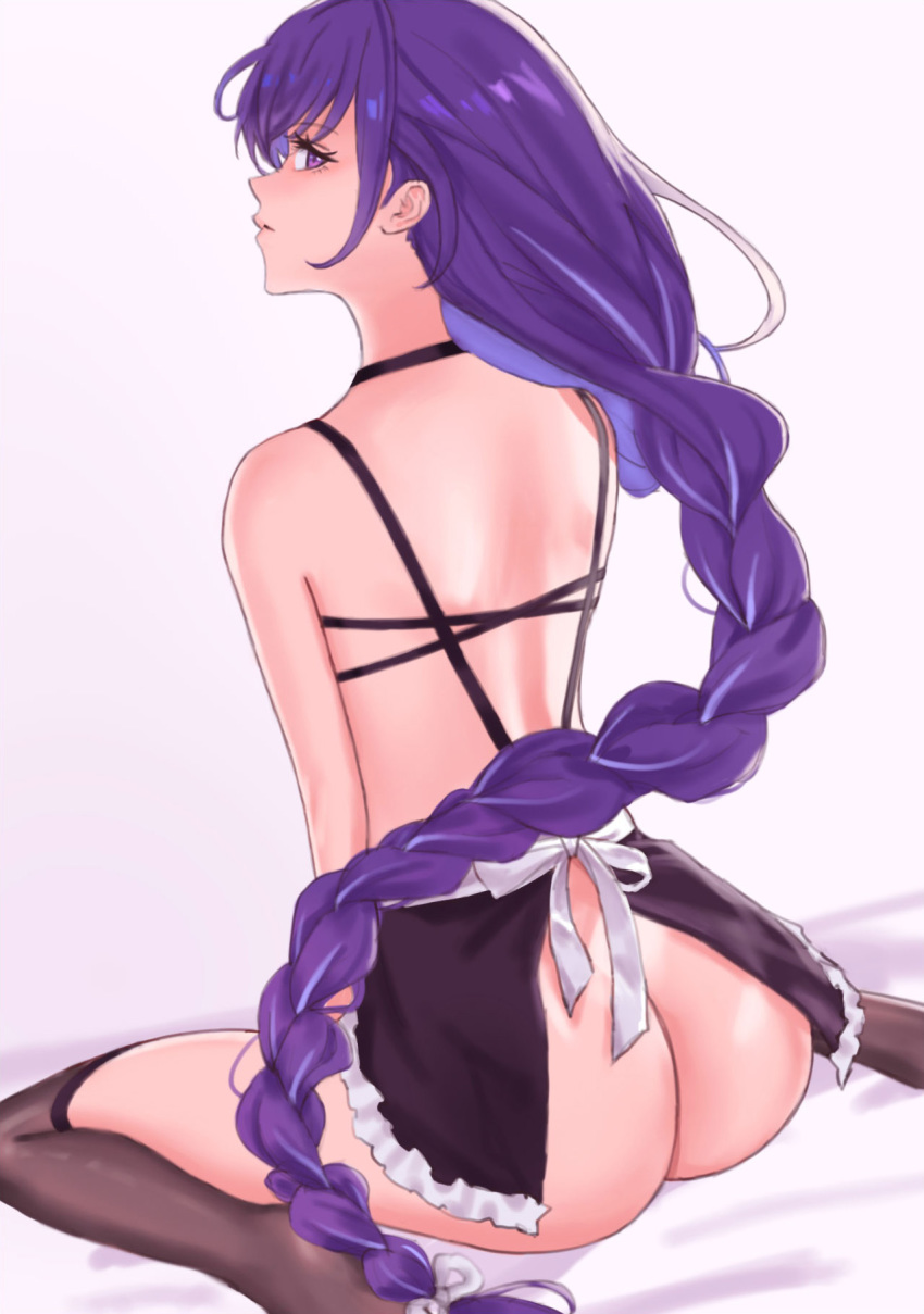 1girl alternate_costume apron ass back braid butt_crack enmaided from_behind genshin_impact half-closed_eyes highres ira_town long_hair looking_back low-braided_long_hair low-tied_long_hair maid maid_apron matching_hair/eyes naked_apron no_panties purple_eyes purple_hair raiden_shogun seiza sitting skirt thighhighs very_long_hair