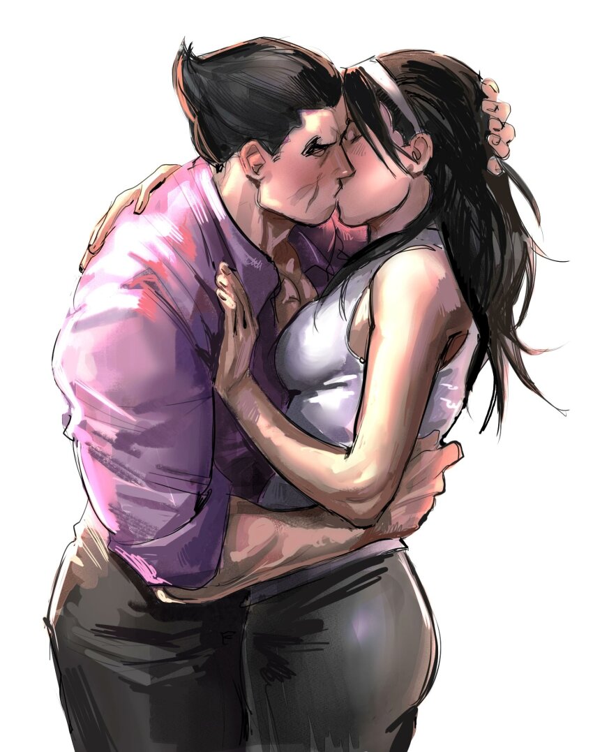 1boy 1girl ass black_hair breasts closed_eyes hairband hetero highres hug kazama_jun kiss long_hair medium_breasts mishima_kazuya muscular muscular_male namco tekken tekken_8 white_background white_hairband