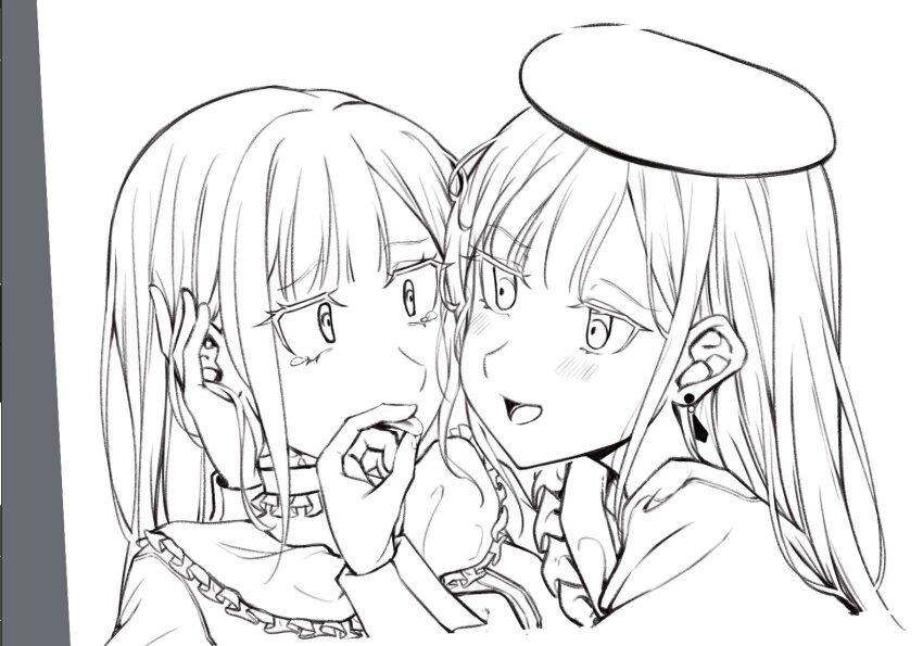 2girls bang_dream! bang_dream!_it&#039;s_mygo!!!!! beret blush choker commentary_request dual_persona earrings extreme_yuri_buta frilled_choker frills greyscale hand_in_another&#039;s_hair hat jewelry monochrome mortis_(bang_dream!) multiple_girls open_mouth selfcest tearing_up upper_body wakaba_mutsumi