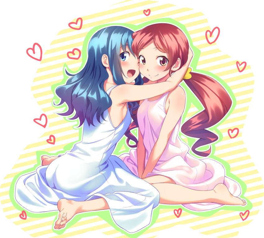 2girls :d bare_arms bare_shoulders barefoot blue_eyes blue_hair blush breasts closed_mouth commentary_request dress full_body hanasaki_tsubomi heart heartcatch_precure! highres hug kurumi_erika long_hair looking_at_viewer looking_back medium_breasts multiple_girls open_mouth pink_dress precure red_eyes red_hair short_hair sideboob sitting sleeveless sleeveless_dress smile striped_background tenkuu_nozora twintails wariza